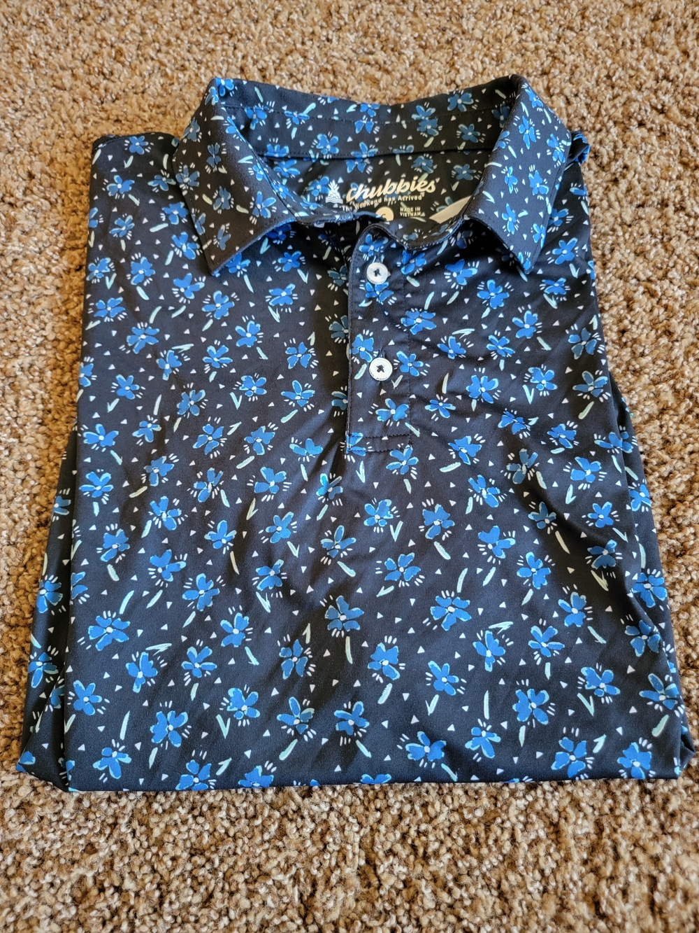 chubbies Black Button-Down Shirt with Blue Floral Print- Small